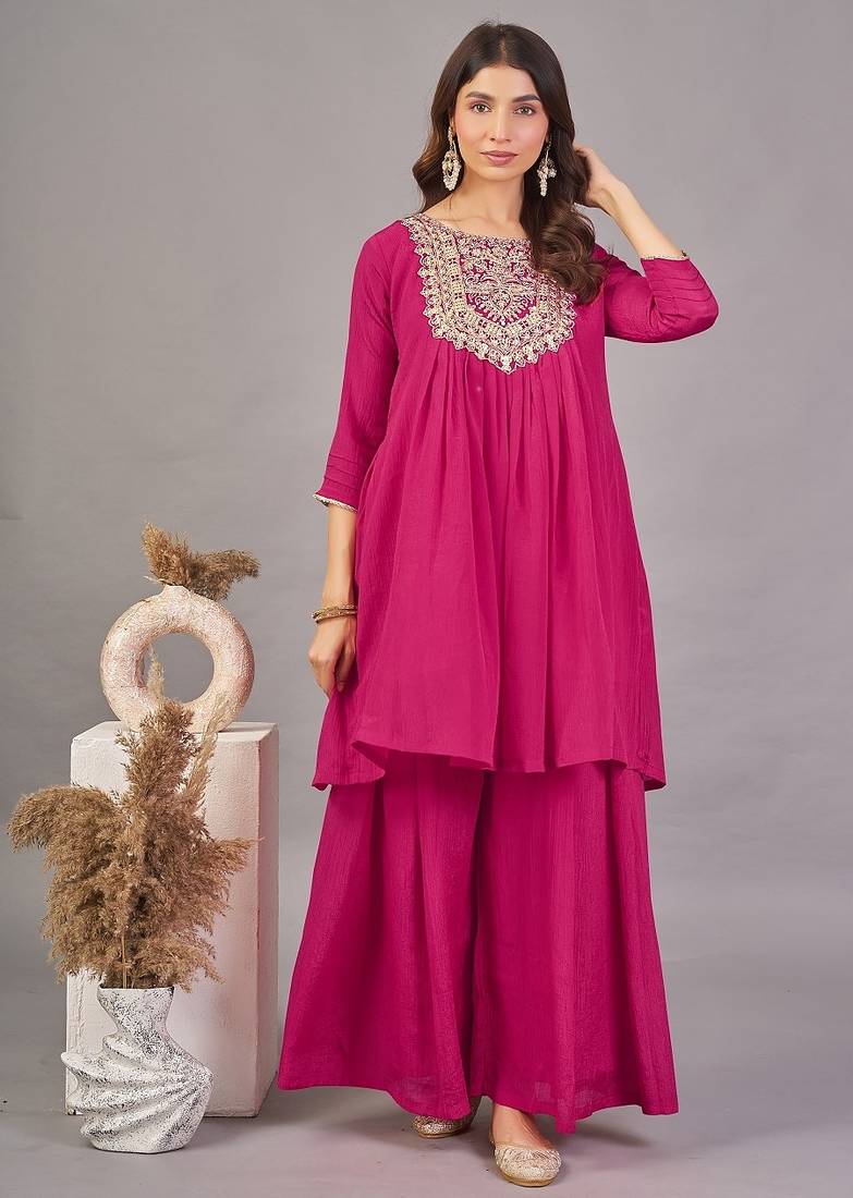 Women rani  yoke embroidered short kurti with flared palazzo co-ord set