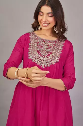 Women rani  yoke embroidered short kurti with flared palazzo co-ord set