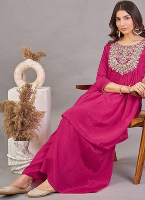 Women rani  yoke embroidered short kurti with flared palazzo co-ord set 3