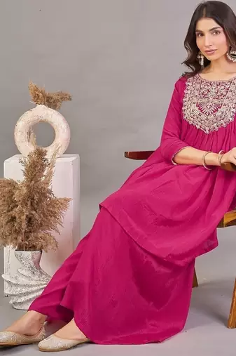 Women rani  yoke embroidered short kurti with flared palazzo co-ord set