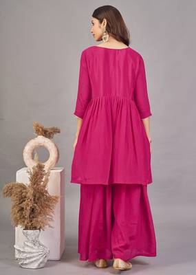 Women rani  yoke embroidered short kurti with flared palazzo co-ord set 4