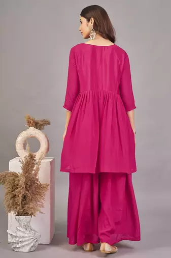 Women rani  yoke embroidered short kurti with flared palazzo co-ord set