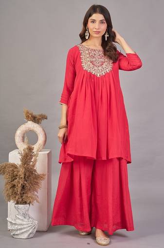 Women red yoke embroidered short kurti with flared palazzo co-ord set