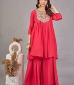 Women red yoke embroidered short kurti with flared palazzo co-ord set