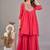 Women red yoke embroidered short kurti with flared palazzo co-ord set