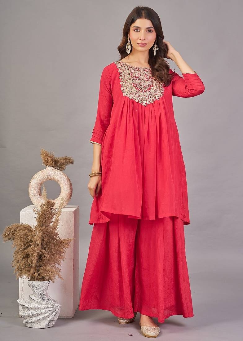 Women red yoke embroidered short kurti with flared palazzo co-ord set