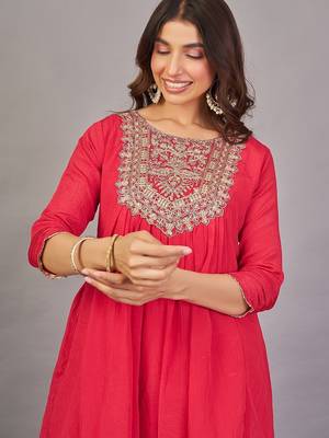 Women red yoke embroidered short kurti with flared palazzo co-ord set 2
