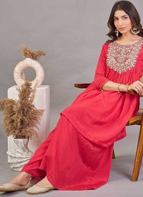 Women red yoke embroidered short kurti with flared palazzo co-ord set 3