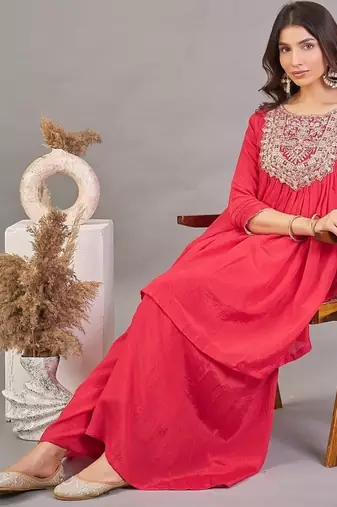 Women red yoke embroidered short kurti with flared palazzo co-ord set