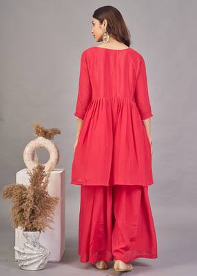 Women red yoke embroidered short kurti with flared palazzo co-ord set 4