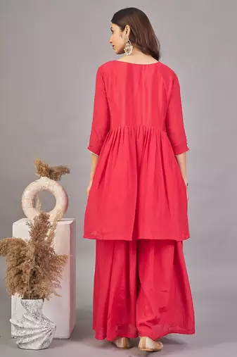 Women red yoke embroidered short kurti with flared palazzo co-ord set