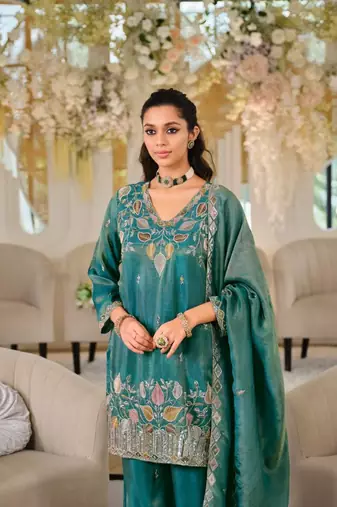 teal green color embroidery sequin work silk blend kurti palazzo set