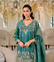teal green color embroidery sequin work silk blend kurti palazzo set