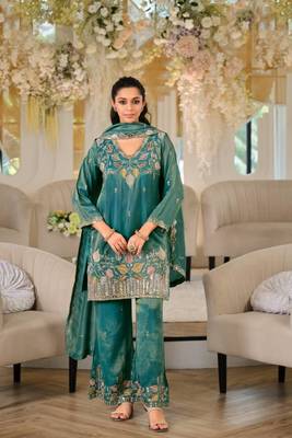 teal green color embroidery sequin work silk blend kurti palazzo set 1