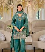 teal green color embroidery sequin work silk blend kurti palazzo set