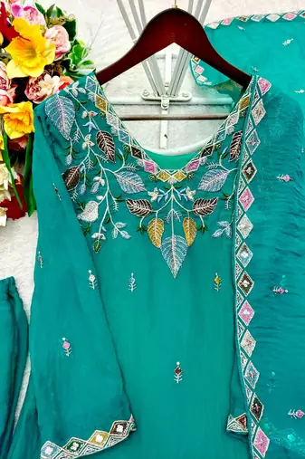teal green color embroidery sequin work silk blend kurti palazzo set