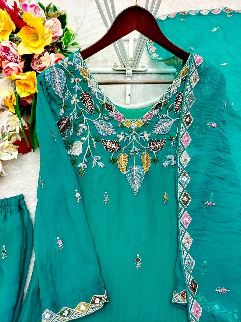 teal green color embroidery sequin work silk blend kurti palazzo set