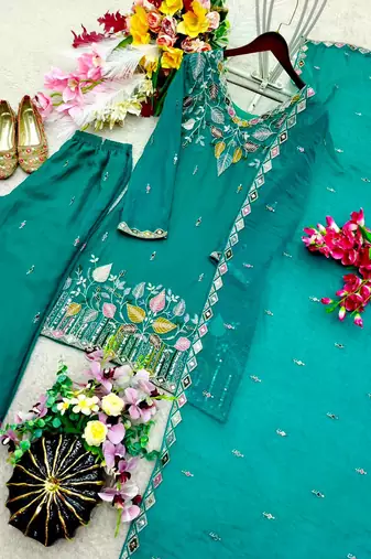 teal green color embroidery sequin work silk blend kurti palazzo set