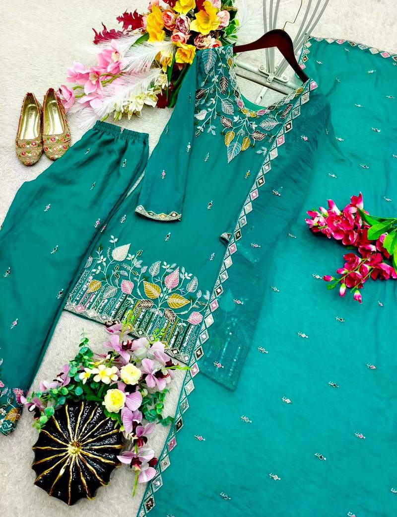 teal green color embroidery sequin work silk blend kurti palazzo set