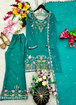 teal green color embroidery sequin work silk blend kurti palazzo set 5