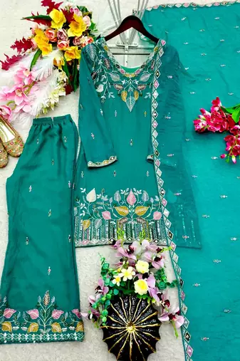 teal green color embroidery sequin work silk blend kurti palazzo set