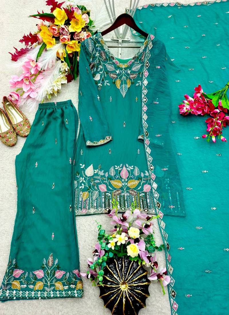 teal green color embroidery sequin work silk blend kurti palazzo set