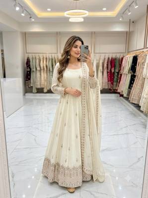 white color embroidery sequin work silk blend gown set 1