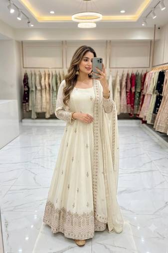 white color embroidery sequin work silk blend gown set