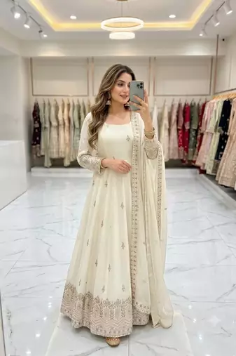 white color embroidery sequin work silk blend gown set