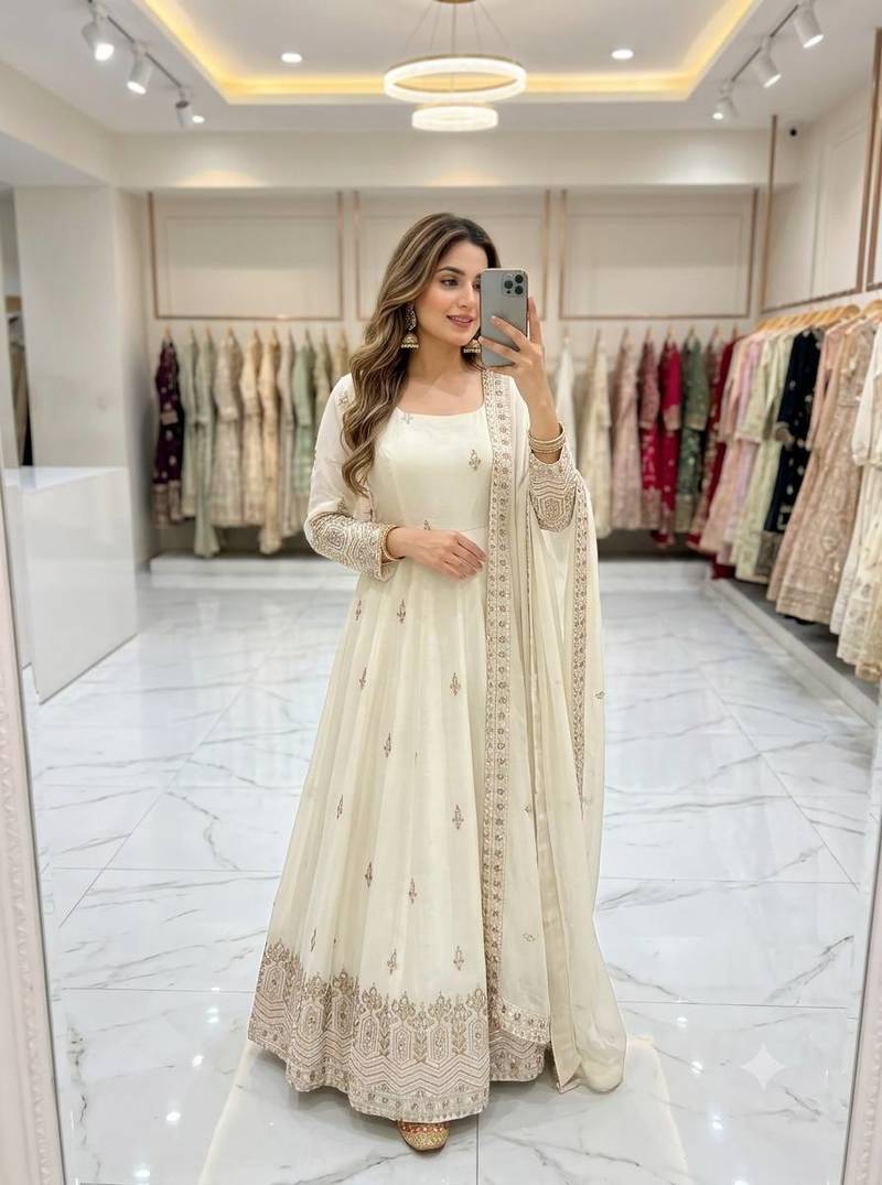 white color embroidery sequin work silk blend gown set