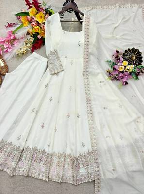 white color embroidery sequin work silk blend gown set 2