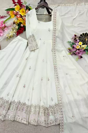white color embroidery sequin work silk blend gown set
