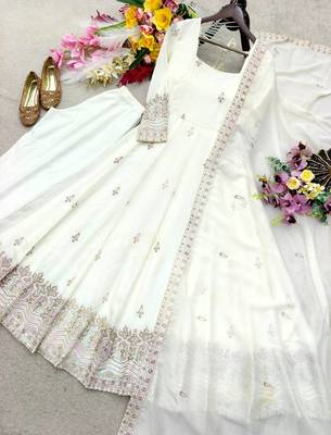white color embroidery sequin work silk blend gown set 3