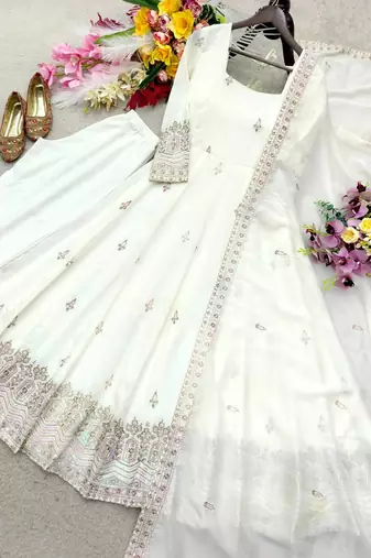 white color embroidery sequin work silk blend gown set