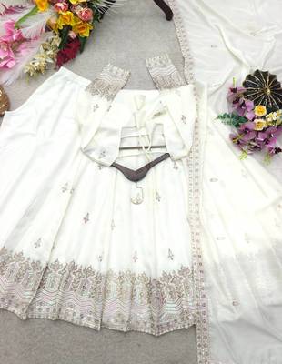 white color embroidery sequin work silk blend gown set 4