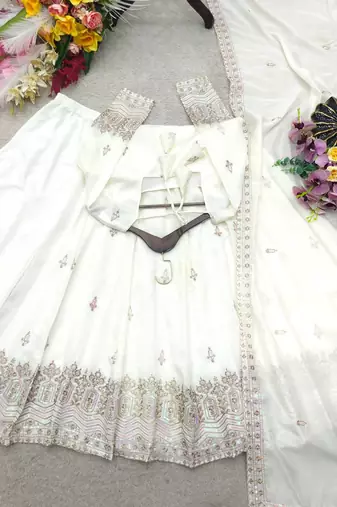 white color embroidery sequin work silk blend gown set