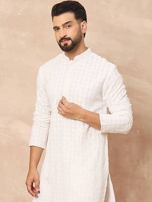Men white viscose rayon solid embroidered straight kurta 1