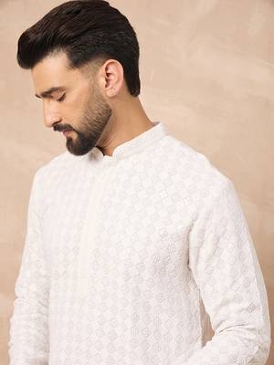 Men white viscose rayon solid embroidered straight kurta 1