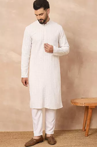 Men white viscose rayon solid embroidered straight kurta