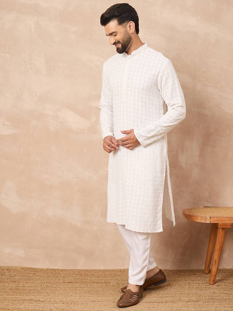 Men white viscose rayon solid embroidered straight kurta