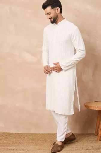 Men white viscose rayon solid embroidered straight kurta