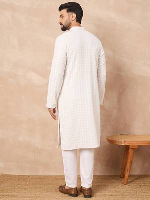Men white viscose rayon solid embroidered straight kurta 4