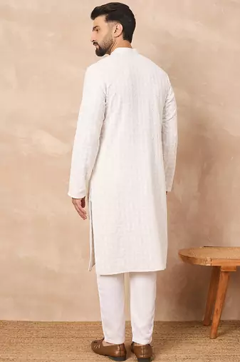 Men white viscose rayon solid embroidered straight kurta