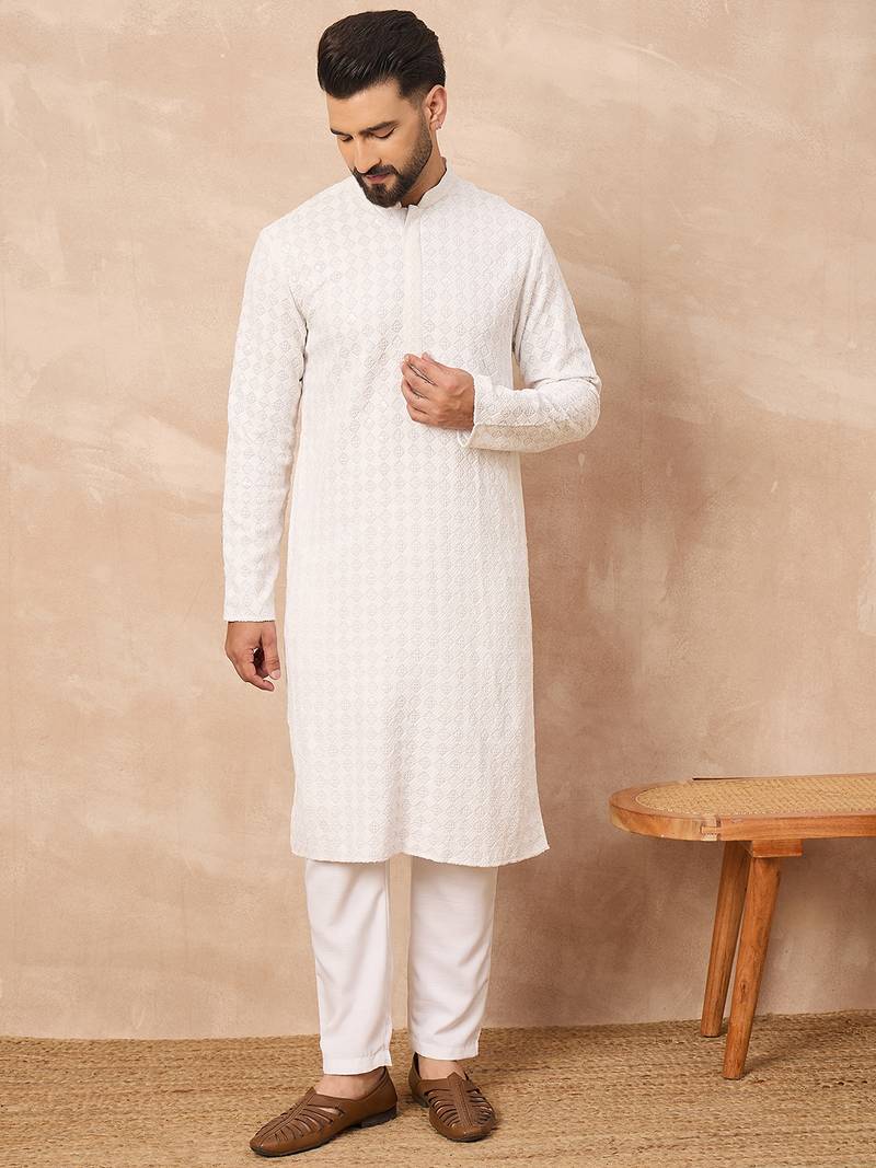 Men white viscose rayon solid embroidered straight kurta