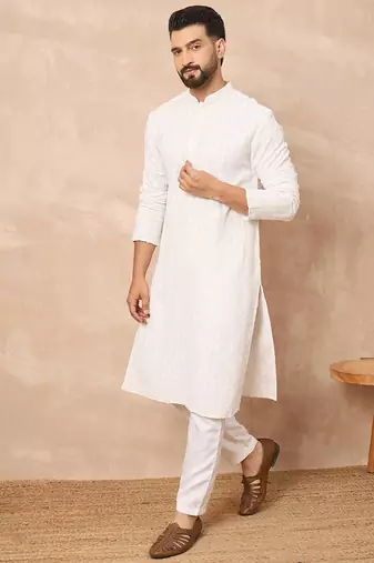 Men white viscose rayon solid embroidered straight kurta