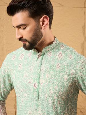Men teal viscose rayon ethnic motifs embroidered straight kurta 2