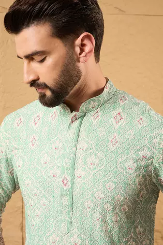 Men teal viscose rayon ethnic motifs embroidered straight kurta