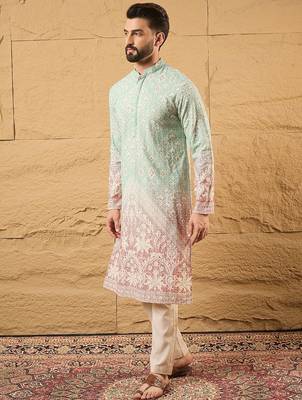 Men teal viscose rayon ethnic motifs embroidered straight kurta 3