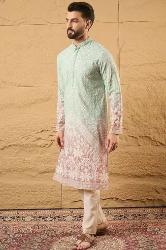 Men teal viscose rayon ethnic motifs embroidered straight kurta
