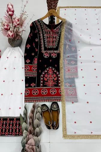 Black Embroidery And sequin Work Silk Blend Salwar Suit